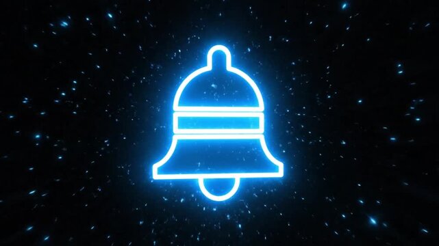 Neon outline of a bell notification icon against a starry night sky background