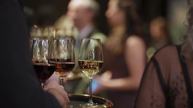 Waiter Carrying Tray Of Red And White Wine Glasses Through Crowded Reception, Guest Hand Reaching For Glass, Bustling Elegant Event Service