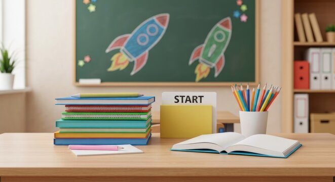Classroom desk with books, pencils, and rockets - Powered by Adobe