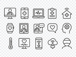 Digital Healthcare and Telemedicine Line Icons Set: Medical, Hospital, Doctor, and Health Symbols for Modern Design