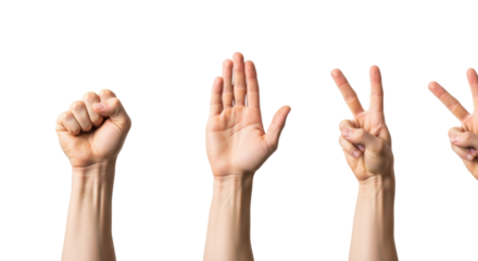 two distinct male hands (fair/tanner skin) posed as rock-paper-scissors in three opposing pairs against a transparent studio background. concept of strategy and conflict resolution