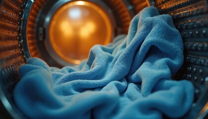Close interior view of blue towel tumbling inside dryer machine. Metal drum with warm orange light in background. Laundry appliance ready for cycle completion.