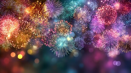 A vibrant display of colorful explosions illuminates the night sky. Sparkling bursts of red, blue, green, and gold fill the frame