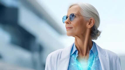 Mature woman in white coat represents medical expertise, future medicine, with glowing digital heart overlay. Highlights progress in cardiology, AI diagnostics, healthcare innovation - Powered by Adobe