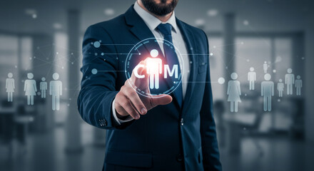 Businessman interacting with digital human resource management interface