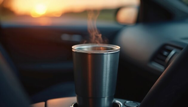 Stainless steel travel mug with hot coffee steams inside car cup holder at sunrise. Morning commute beverage ready for driver on road trip. Warm drink comfort.
