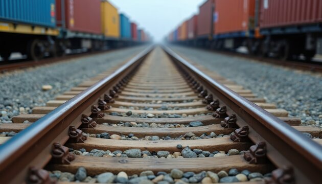 Perspective view down parallel train tracks toward blurred freight train cars. Cargo containers on trains extend into the foggy distance. Industrial transport scene.