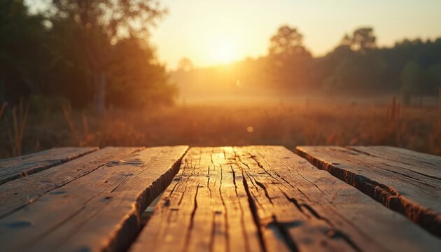 Empty rustic wooden table on a field at golden hour sunset. Warm sunbeams illuminate dry grass and distant trees with morning mist. Ideal for product placement or outdoor scenes. - Powered by Adobe