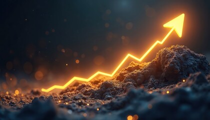 Abstract glowing yellow line graph with upward arrow rising over dark rough terrain. Symbolizes financial growth, success, and investment opportunities in a modern abstract concept.
