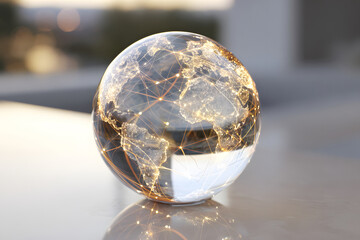 Global network visualization showing connections and data flow in a transparent globe at sunset