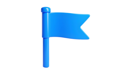 A glossy, 3D render of a blue flag with a notched edge, isolated on black