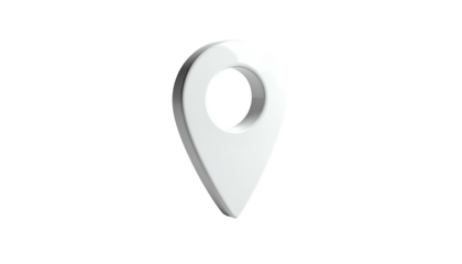 3D rendered white location marker icon, floating against a black backdrop, clean