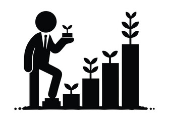Stickman businessman stepping up a growing bar chart while holding a plant. Concept of career growth, investment success, progress and achievement.
