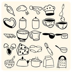 Detailed Kitchen Utensils and Cooking Doodles Set