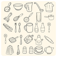 Detailed Kitchen Cooking and Baking Utensils Doodles Set