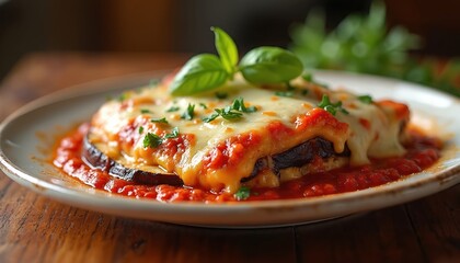 Warm eggplant parmesan sits on white plate. Melted cheese and marinara sauce top dish. Fresh basil and parsley garnish add color. Delicious italian food presentation.