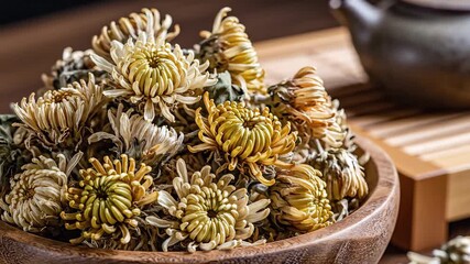 A closeup shot of dried chrysanthemum flowers also known as Ju Hua meticulously arranged in a rustic wooden bowl ready for brewing traditional herbal tea highlighting their natural beauty and health .
