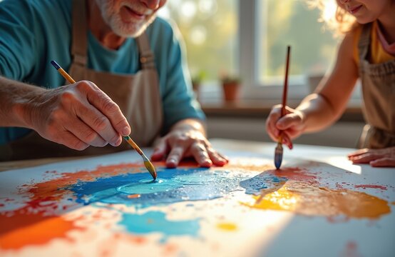 Elderly man and child paint together on large paper at table. They mix colors with brushes creating abstract art. Creative leisure activity, intergenerational bond.