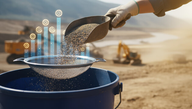Gold data mining analytics concept over sand, hand with scoop sifting ore through sieve at river site, digital chart overlay futuristic technology - Powered by Adobe