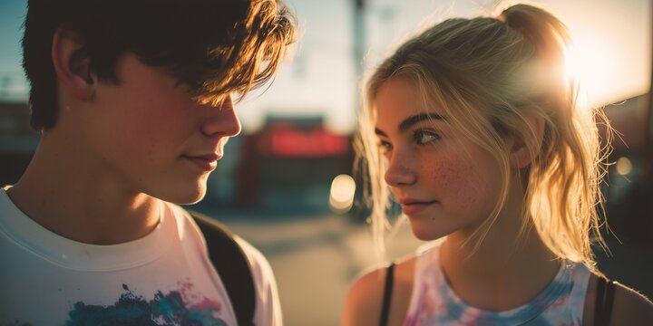 A teenage girl and boy on a first date together. Their Valentine moment feels tender and uncertain.