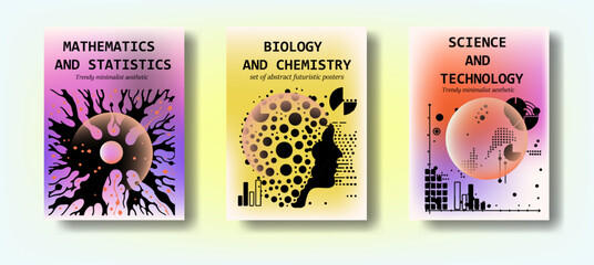 Set of abstract vector posters with gradients, geometric, and organic shapes representing math, biology, science, and technology. Conceptual vector illustration for educational, scientific themes.