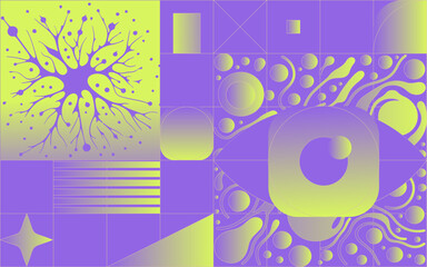 Abstract vector illustration in retro-futuristic style with an eye, neuron, geometric shapes and organic fluid forms. Conceptual vector illustration for science, vision, and technology themes.