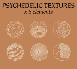 Set of six linear psychedelic vector textures in circles, showing abstract shapes, faces, and wavy patterns. Conceptual vector illustration for psychedelic, abstract, and decorative themes.