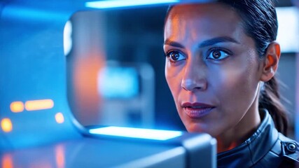 A focused female scientist examines a glowing blue console in a futuristic dim laboratory attentive - Powered by Adobe