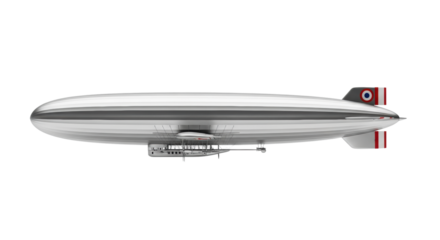 photorealistic scale model of a highly detailed, metallic silver historic zeppelin in perfect side profile view, isolated against a transparent studio background with soft shadows. concept of vintage