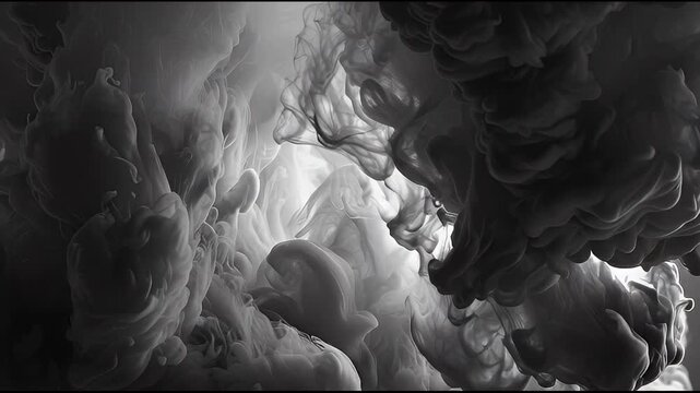 Abstract swirling grey smoke clouds billow and rise in this monochromatic monochrome fluid dynamic visual, creating an ethereal and moody atmosphere