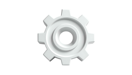 A glossy, white gear icon with a central hole, isolated against a black background