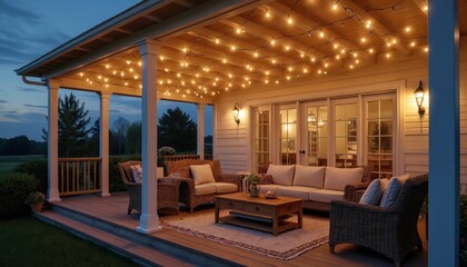 Farmhouse porch with comfy seating, lit by string lights at dusk. Outdoor living area with wicker furniture and coffee table on wooden deck. Peaceful evening ambiance.