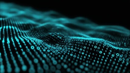 Animated digital binary data wave in layered blue shades forming smooth flowing information patterns across a dark modern technological background - Powered by Adobe
