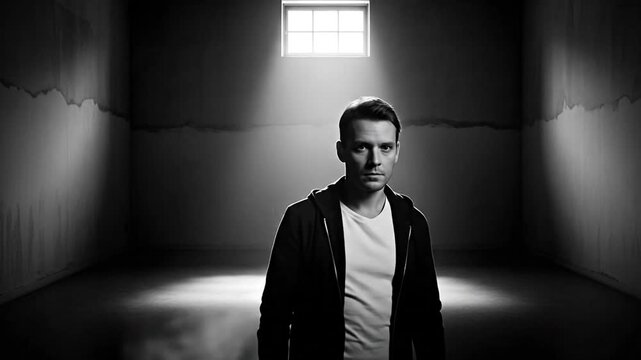 Shadowed Contemplation: In a stark, empty room, a man stands bathed in a single ray of light from a high window, his expression revealing deep thought and introspection. 