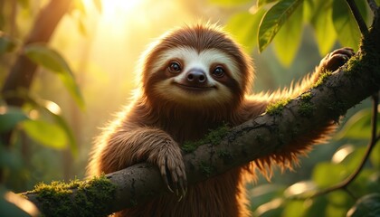 Fototapeta premium Cute sloth hangs on mossy tree branch, sun shines through leaves. Animal has long claws and fur, looks happy in rainforest habitat. Wildlife scene.