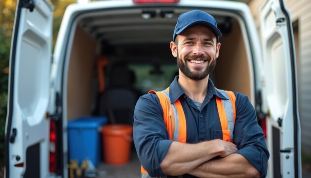 Tradesman in uniform with arms crossed smiles at camera. His white service van is open with tools inside, ready for work. He looks happy and confident.