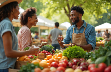 Diverse couple tries fresh produce samples at outdoor farmers market. Seller offers fruit and vegetables. People shop for healthy organic food at local farm stand.