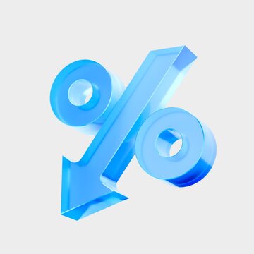 3D Glass Percent Arrow Down icon, Discount decrease finance analytics concept. Liquid Glass design icon, trending glass icon for graphic design, UI UX interfaces, 3d illustration.
