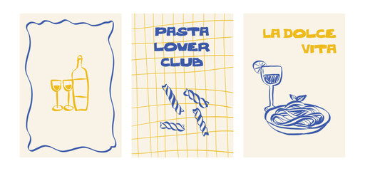 Italian food illustration with pasta, wine bottle and cheese. Hand drawn doodle sketch featuring spaghetti and drink for restaurant menus and dinner party invitations. Whimsical Vector illustration