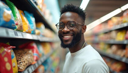 Smiling Black man browses snack aisle in modern convenience store. He chooses chips, candy, drinks from colorful shelves. Young adult male happily shops for food items in grocery market.