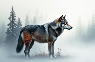 Obraz premium Wolf stands in foggy forest during daytime. Mist surrounds tall pine trees and wild animal. Orange foliage sprouts from fur near its hind leg.