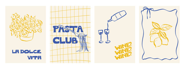 Italian food illustration with pasta, wine bottle and cheese. Hand drawn doodle sketch featuring spaghetti and drink for restaurant menus and dinner party invitations. Whimsical Vector illustration