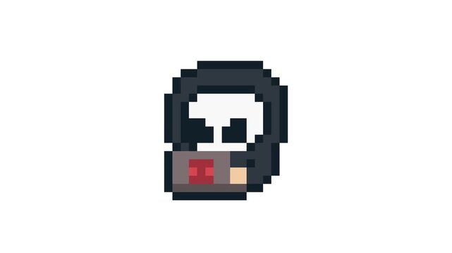 8-bit pixel art skull-masked hacker. looped animation 4k 30fps