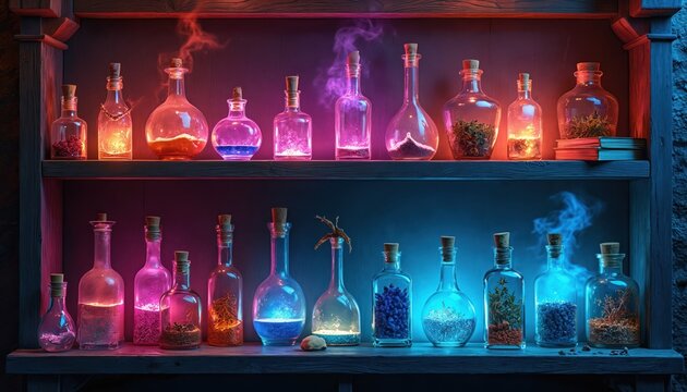 Witch s shelf with many glass bottles filled with glowing liquids and magical herbs. Fantasy potion collection emits colorful light and smoke. Mysterious alchemist lab with mystic ingredients.