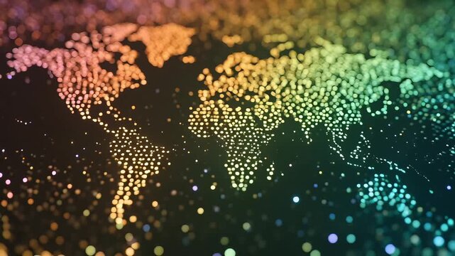 Futuristic digital world map with glowing particles, rainbow gradient global network dots, abstract technology background for big data and connectivity