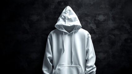 Striking conceptual image featuring a white hooded sweatshirt worn by a faceless figure, set against a dark, minimalist background.