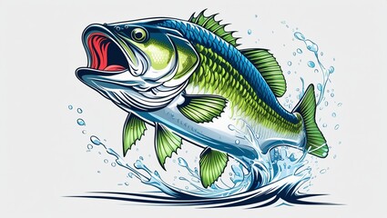 Dynamic and colorful illustration of a largemouth bass leaping out of a lake, captured mid-air with water splashes emphasizing motion and energy. 