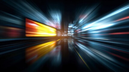 A vibrant nighttime cityscape featuring blurred streaks of light, giving a sense of high speed and energy. Bright yellows and blues dominate