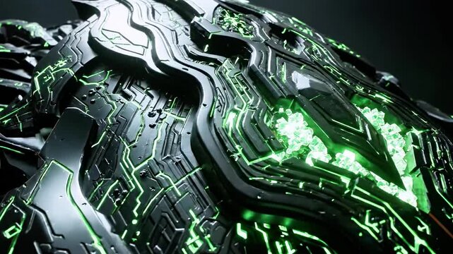 Dark metallic sci-fi surface with neon-green circuitry and jagged armored plating, hypertech design!