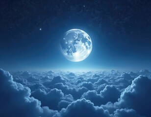 Fototapeta premium Full moon shines bright over soft clouds at night. Stars twinkle in dark blue sky. Vast expanse of fluffy clouds below. Lunar glow lights up atmosphere.